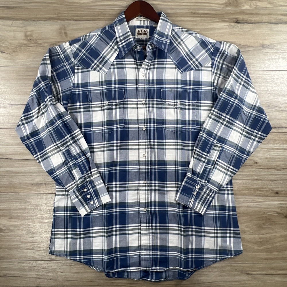 Ely Cattleman Pearl Snap Shirt Mens Large Blue Plaid Wrinkle Resistant